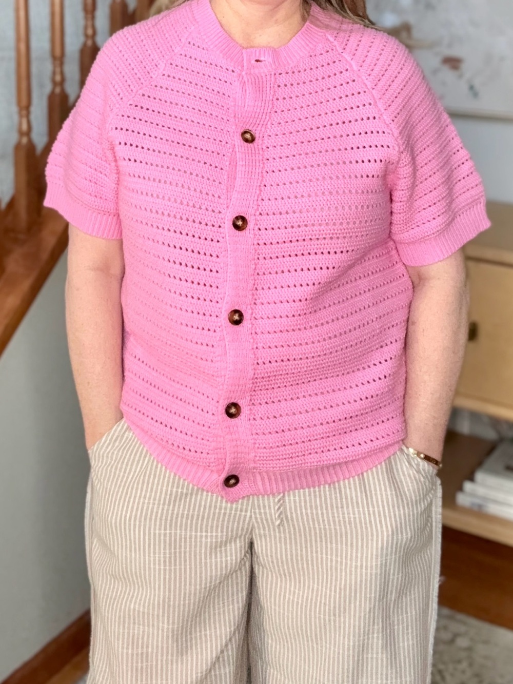 Haptics Vrand New Pink Short-Sleeve Knit Button Up Cardigan